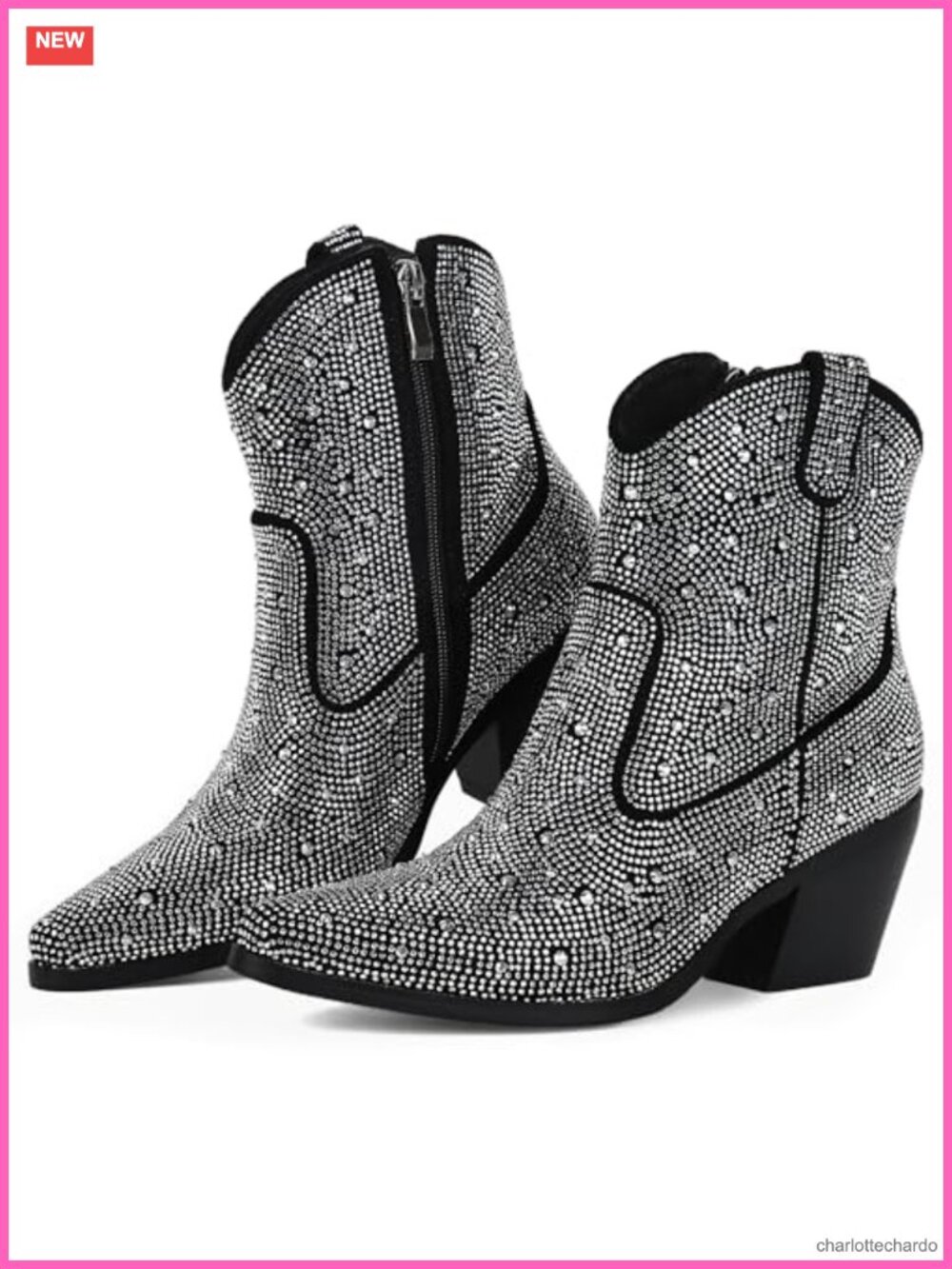 Women Rhinestone Cowboy Boots Glitter Chunky Heel Sparkly Cowgirl Ankle Boots